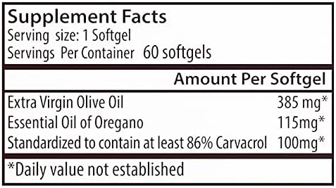 Zane Hellas Oregano Oil Softgels. Extra Strength. Every Softgel Contains 20% Greek Essential Oil of Oregano. 100 mg Carvacrol per Softgel. 60 Softgels.