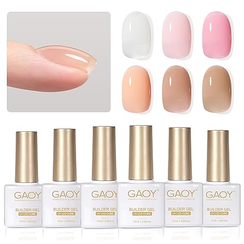 GAOY 6 Colors Builder Gel Set for Nails, Milky White Pink Nude Sheer Jelly Nail Strengthener, Soak Off Nail Extension Hard Gel, Yummy Jelly, Base Coat Top Coat Needed