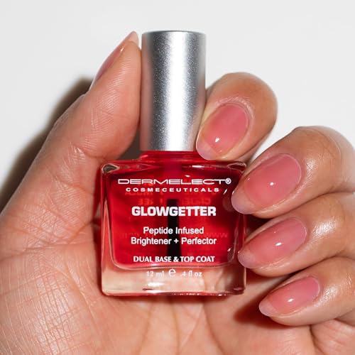 Dermelect Glowgetter Brightener + Perfector – Nail Strengthener, French Mani Tint & Glossy Top Coat | Repairs Yellowing, Peeling, Ridged & Damaged Nails - 0.4 fl oz
