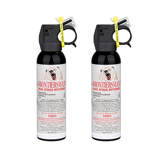 SABRE Frontiersman 7.9 fl oz. Bear Spray, Maximum Strength 2.0% Major Capsaicinoids, Powerful 30 ft. Range Bear Deterrent, Outdoor Camping & Hiking Protection, Quick Draw Holster & Multipack Options