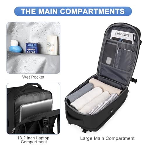 coofay Black Travel Backpack Carry on Flight Approved Mochila De Viaje Personal Item Backpack for Airlines Frontier Airlines Personal Item Bag Large Backpack for Travel Backpacks for Men Women