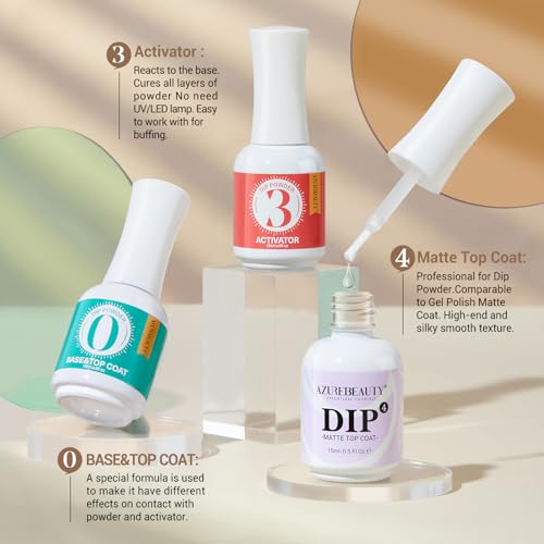 AZUREBEAUTY 3 Pcs Dip Powder Liquid Set, Base Top Coat with Activator Matte Coat Comprehensive Professional Dipping Powder Essential Set for Dip Nail Art, 15 ml 0.5 Oz Fast Dry No Nail Lamp Needed
