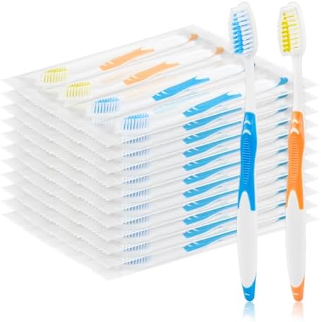 200 pcs Disposable Toothbrushes Individually Wrapped Bulk Toothbrush Pack, Medium Soft Toothbrushes for Adults, Kids, Guests, Travel, Hotel, Nursing, Donation (2 Colors)