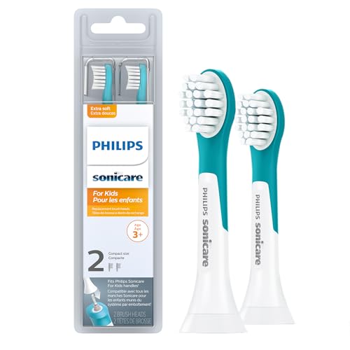 Philips Sonicare for Kids 3+ Genuine Replacement Toothbrush Heads, 2 Brush Heads, Turquoise and White, Compact, HX6032/94