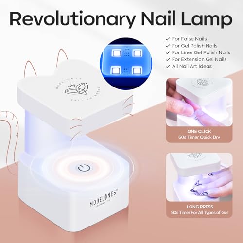 modelones Gel Nail Kit Short Almond Gel Nail Tips, 9-in-One Nail Glue with Portable U V Nail Lamp, 216Pcs 12Sizes Press On Acrylic False Nails Tip Nail Extension DIY Nails Art Gift for Women