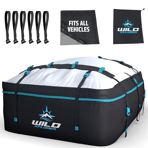 Car Rooftop Cargo Carrier Bag -15 Cuft Waterproof Car Roof Bag, Car Top Carrier Without Roof Rack, Vehicle Cargo Carriers for Luggage Incl Storage Bag, Non-Slip Mat, 6 Door Hooks - 19 & 23 Cuft Avail