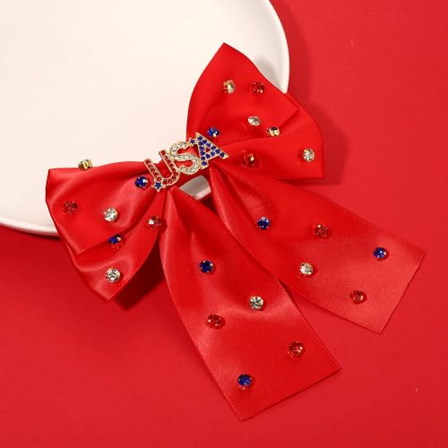 4th of July Hair Bows for Women Girls Big Jeweled Red White Blue USA Hair Bow Clips Patriotic Fourth of July Independence Day Accessories Party Favors USA Red