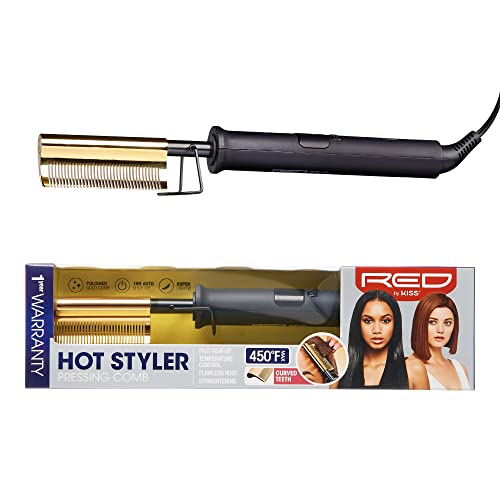 Red by Kiss Hot Comb Hair Straightener 450 Degrees, Curved Electric Heating Comb, Pressing Comb Brush for Straightening Hair and Beard, Curling Iron for Natural Black Hair