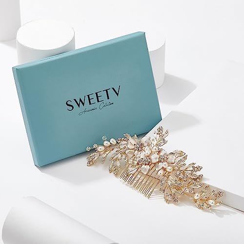 SWEETV Handmade Wedding Hair Comb Clip Rhinestone Bridal Hair Comb Piece, Gold Hair Accessories for Brides Wedding