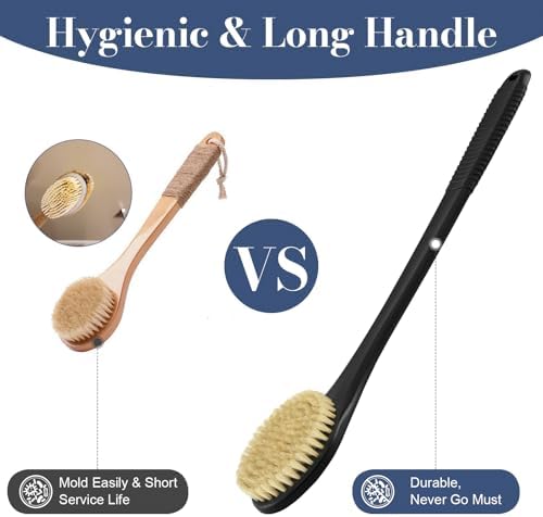 Back Scrubber for Shower, Shower Body Brush for Cleaning with Long Handle for Showering, 17 Inch Back Washer Exfoliator for Shower Men Women with Non-Slip Handle, Adhesive Hook (Black-Boar Bristles)