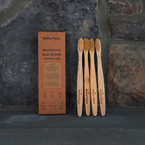 Boar Bristle & Bamboo Toothbrush (4 Pack) - Authentic Boar Bristles - Biodegradable - Plastic Free - Bamboo & Boar Bristle