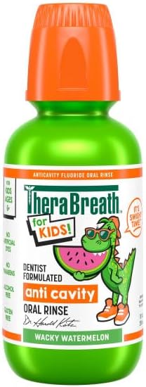 TheraBreath Kids Mouthwash with Fluoride, Organic Strawberry Splash, Anticavity, 10 fl oz & TheraBreath Kids Mouthwash with Fluoride, Organic Wacky Watermelon, Anticavity, 10 fl oz