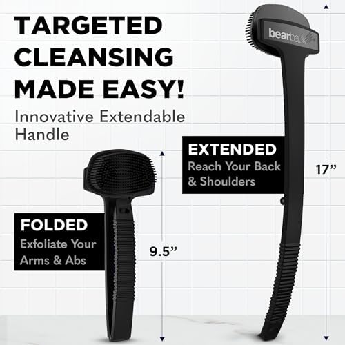 Bearback Silicone Body Scrubber with Extendable Handle – Back Scrubber for Shower, Men & Women – Removable Soft Brush, Gentle, Hygienic & Easy to Use