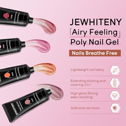 JEWHITENY Poly Extension Gel Nail Kit 14 PCS Poly Gel Kit with Slip Solution and Mini Lamp Nail Art Design Beginner