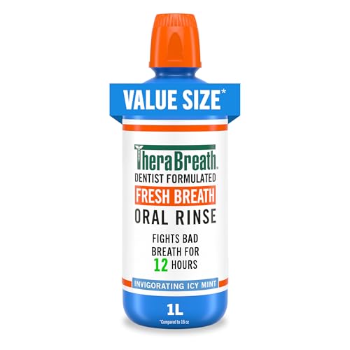 TheraBreath Fresh Breath Oral Rinse, Invigorating ICY Mint Flavor, Dentist Formulated and ADA-Accepted Mouthwash for Bad Breath pH-Balanced, Alcohol Free & Non-Burning, 1 Liter