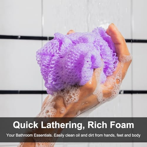 African Net Sponge Authentic with Knots, African Scrub Bath Net, 2 Pieces Exfoliating Body Back Scrubber for Shower, Gentle Exfoliating Washcloth, with 1 Soap Bag (Purple & Green)