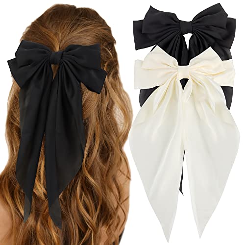 ATODEN Silky Satin Pink Hair Bows 2Pcs Big Hair Bows for Women Hair Ribbons Oversized Long Tail Bow Hair Clips Large Hair Ribbon Barrettes Metal Clips Bowknot Aesthetic Girls Hair Accessories