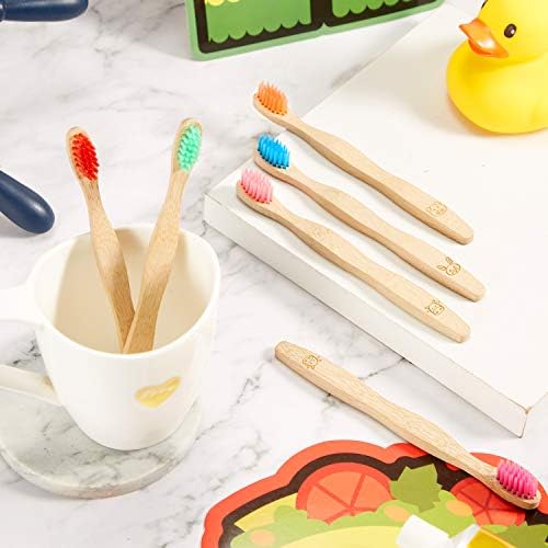 16 Pcs Kids Bamboo Toothbrush Soft Bristle Natural Toothbrush Wooden for Kids with Colorful Bristles and Ergonomic Animal Designs Handles