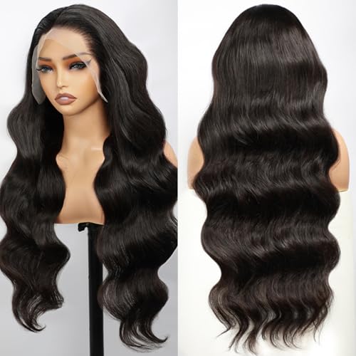 28 Inch Body Wave Lace Front Wigs Human Hair Pre Plucked 13x4 HD Lace Frontal Wigs Human Hair 200 Density Glueless Wigs Human Hair with Baby Hair Natural Black
