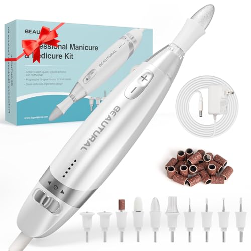 BEAUTURAL Electric Nail Drill, Professional Electric Nail File Machine with10 Attachments & 20 Sanding Bands, Low Noise Vibration for Home Nail Art Manicure Pedicure [Not Rechargeable and Cordless]
