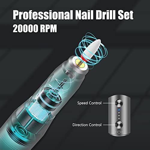Electric Nail Drill Machine Professional,Cordless Electric Nail File for Acrylic Gel Nails,Efile Manicure and Pedicure Kit for Grinding Polishing Trimming(Gray)