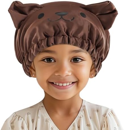 Lolalet Kids Bonnets for Girls, Adjustable Silk Baby Bonnet for Curly Hair Toddler Satin Cartoon Bonnet Cap with Elastic Band -Bear