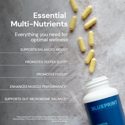 Blueprint Bryan Johnson Essential Capsules - Daily Multivitamin/Multimineral for Women and Men - Antioxidant Supplement with Calcium, Vitamin B1, Vitamin D, and Zinc - Vegan and Non GMO (30 Servings)