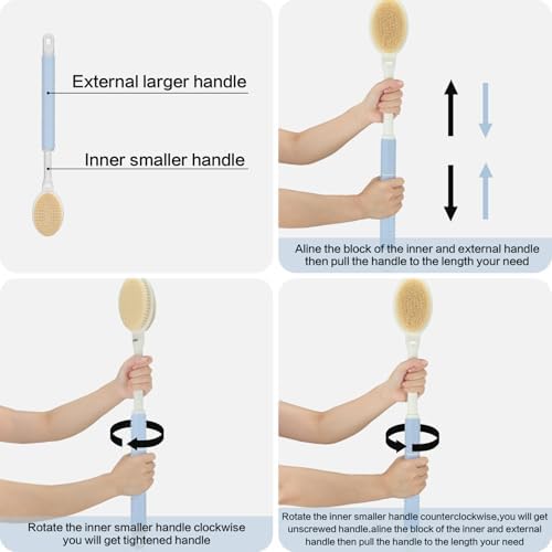 Shower Brush with Soft and Stiff Bristles,16"-24" Long Adjustable Telescopic Massage Handle,Dual-Sided Back Scrubber Bath Brush Body Exfoliator for Wet or Dry Brushing