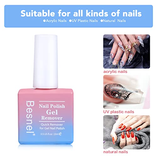 Gel Nail Polish Remover 5 Pack Professional Gel Polish Remover Non-Irritating Quick Easy,Nail Polish Gel Remover Tools Kit Nail File Cuticle Pusher Nail File Grit, No Need For Foil Soaking Or Wrapping