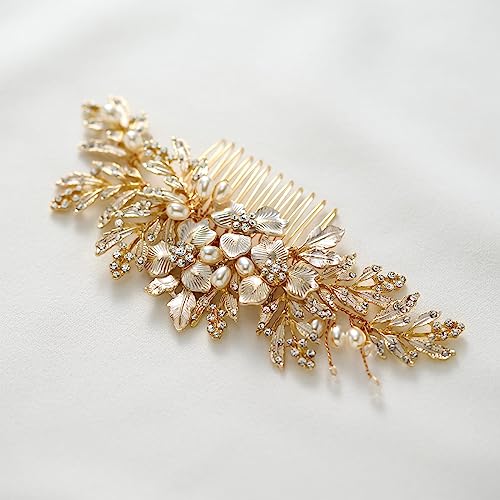 SWEETV Handmade Wedding Hair Comb Clip Rhinestone Bridal Hair Comb Piece, Gold Hair Accessories for Brides Wedding