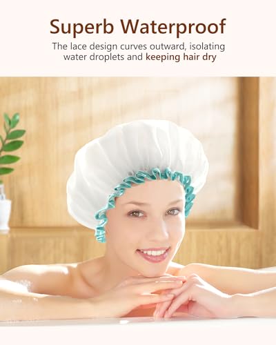 mikimini White Shower Caps for Women Long Hair,2 Pack,Large Size,Reusable,Waterproof Washable Hair Caps for Women and Girls, Super Cute and Extra Large