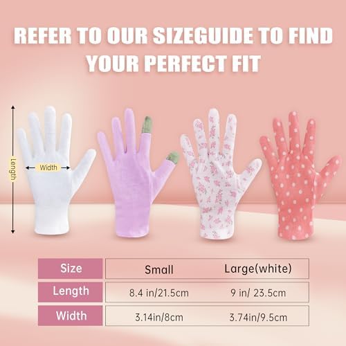 12 Pairs Premium 100% Cotton Gloves, Dry Hands & Eczema, Overnight Lotion & Spa Treatment for Women & Men, Reusable | White Floral Dots