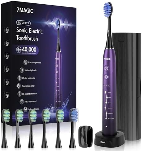 Electric Toothbrush for Adults, Sonic Toothbrush with 6 Mode & 3 Intensity, 40000 VPM Deep Clean Toothbrush with 6 Brush Heads & Travel Case, Wireless Charging, 60 Days Battery Life, 2-Min Smart Timer
