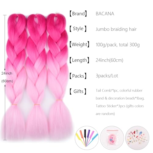 Ombre Braiding Hair (Pink/Light Pink)3pcs Jumbo Braiding Hair Extension For Box Braids Twist 24 Inch Hot Water Seal Real Soft