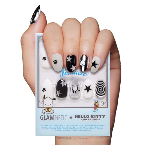 Glamnetic x Hello Kitty® and Friends Press On Nails - Pochacco™ | Short Oval Silver Metallic Graphic Fake Nails in a Chrome Finish | 15 Sizes - 30 Nail Kit with Glue
