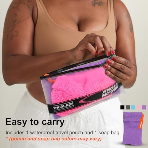 African Net Sponge Authentic with Knots, African Scrub Bath Net, 2 Pieces Exfoliating Body Back Scrubber for Shower, Gentle Exfoliating Washcloth, with 1 Soap Bag (Purple & Green)