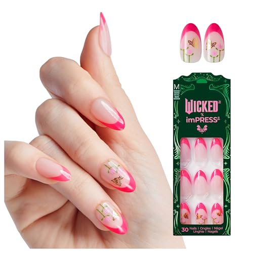 WICKED X imPRESS Press On Nails, New Improved Adhesive, Up To 10 Day Hold, ‘Unlikely Friendship’, Pink, Medium Almond, Includes 30 Fake Nails, 1 Prep Pad, 1 Manicure Stick, 1 Mini File