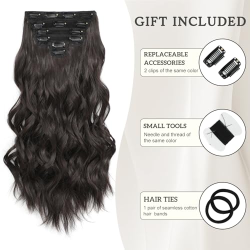 Clip in Hair Extensions, 6 PCS Natural & Soft Hair & Blends Well Hair Extensions, Dark Brown Long Wavy Hairpieces(20inch, 6pcs, Dark Brown)