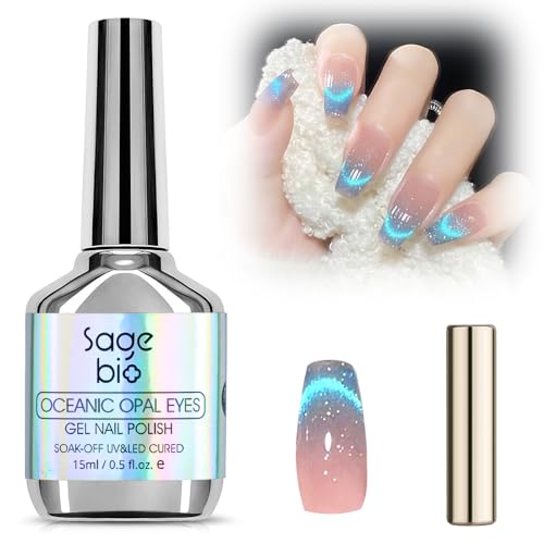 Cat Eye Gel Nail Polish with Magnet Stick, 15ml Glitter Holographic Nail Polish, Magnetic Effect Gel for Home DIY Manicure Gift, Blue Tears