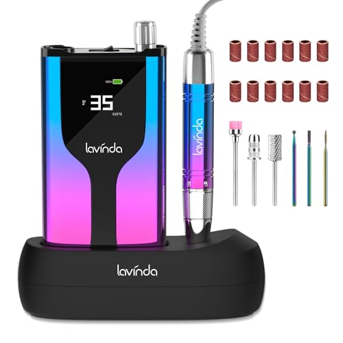 Lavinda Professional Rechargeable Nail Drill Machine, Cordless 35,000RPM Skyspace Brushless Nail Drill, Portable Electrical Nail File for Acrylic Nails with Protective Case, Gradient Blue & Purple