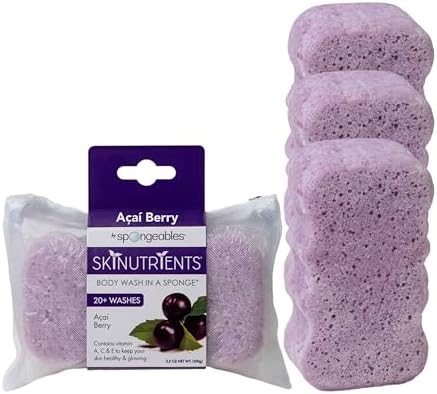 Spongeables Body Wash in a 20+ Wash Sponge, Acai Berry, 3 Count