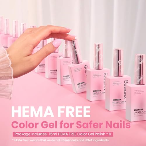 Beetles Nude Pink Gel Nail Polish Set, 6 Colors Hema Free Light Pink Jelly Gel Polish Translucent 15ML Full Size Nail Concealer High Gloss Soak Off UV Salon Spring Colorful Bottle Gel Gift for Women