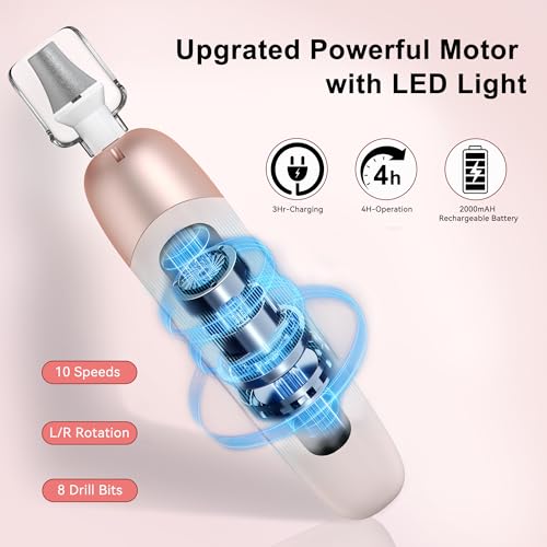 Electric Nail Drill Cordless Nail File Professional Manicure Pedicure Kit, 9 in 1 Hand Foot Rechargeable Care Tool, 10 Speeds Electric Nail File Grinder for Thick Toenail Trim Polish Pink
