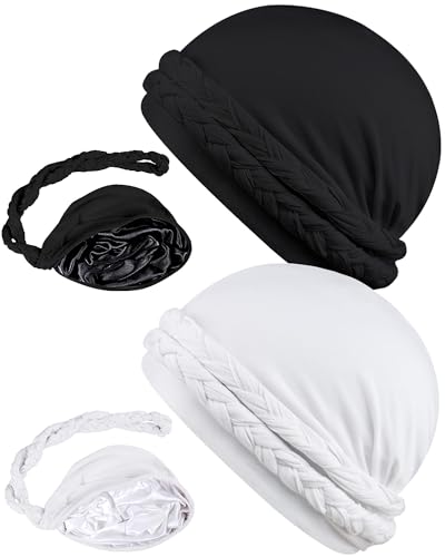 Babalet Halo Turban for Men Women Satin Lined Durag Skull Cap Pre-Tied Handmade Braids Tail Beanie Sleeping Bonnet,Black/White,2PCS