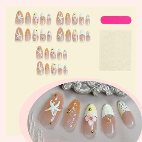 30Pcs Summer Press on Nails Almond Medium Fake Nails with 3D Flower Starfish Design Gold Bead Handmade Acrylic Nails French Tip Nails Artificial Nails Full Cover Glue on Nails for Women