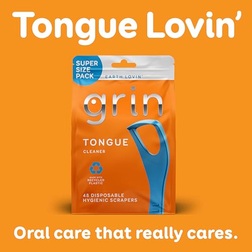 GRIN Tongue Cleaner, 48 Count, Disposable Tongue Cleaner, Hygienic Scraper, Recycled Plastic, Clean Tongue, Promote Fresh Breath, Includes Safe Fold- Back Tooth Pick (Pack of 2)