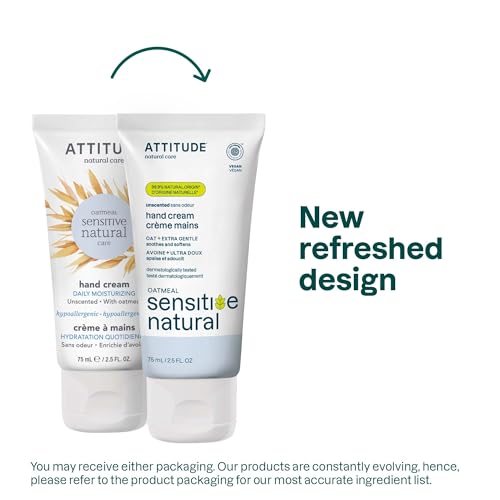 ATTITUDE Hand Cream for Sensitive Skin with Oat, EWG Verified, Dermatologically Tested, Vegan, Unscented, 2.5 Fl Oz