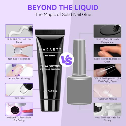 Makartt Nail Glue and Remover Kit: Super Strong Solid Gel for Press on Tips, 30ml Glues Remover for Easy Polish Removal, Nails Art Supplies for Salon and Home Use