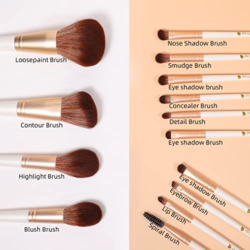 DUcare Makeup Brushes with Bag - 14Pcs Professional Synthetic Make Up Brushes Set for Blush Concealer Foundation Bronzer Powder Eyebrow Contour Eyeshadow Blending Makeup Brush Set Mekaup bag, White