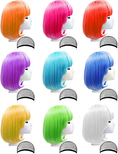 9 Pieces Short Bob Hair Wigs Candy Colored Costume Cosplay Wigs Daily Party Hairpiece for Women Girls - Bachelorette Party Decorations, Favors, Supplies